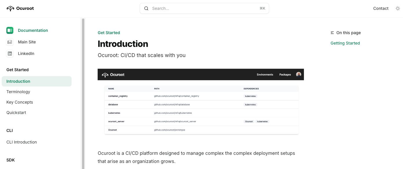 Screenshot of Ocuroot documentation site, showing the introduction page.